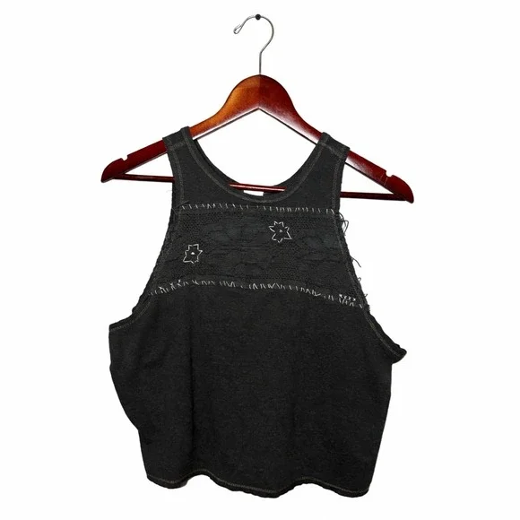 Free People We The Free Charcoal Grey Lace Inset Cropped Tank Top Womens Medium - Picture 3 of 6
